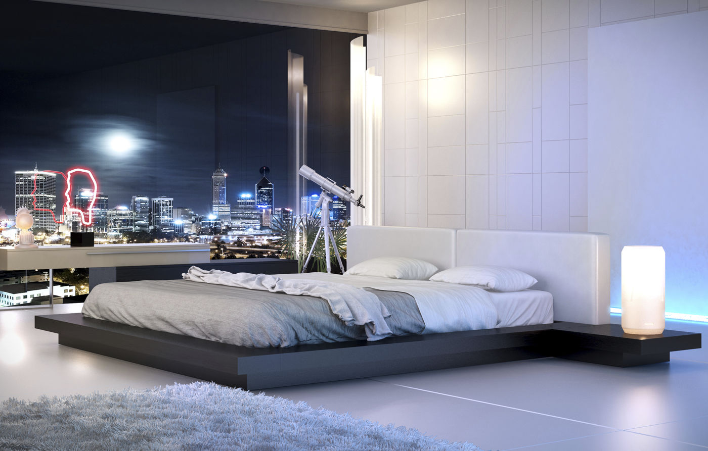 Double Bed Contemporary With Integrated Bedside Table Walnut Double Bed Contemporary With Integrated Bedside Table Walnut