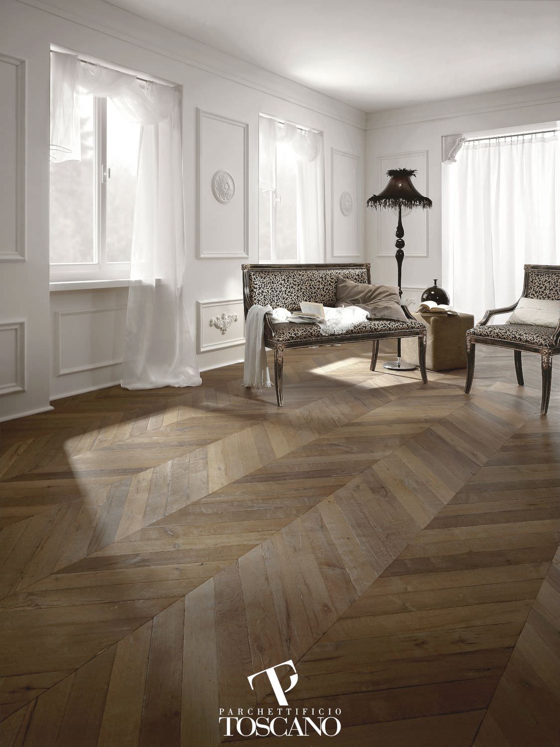 Engineered parquet floor / glued / oak / waxed spina francese deck ... Parquet spina francese