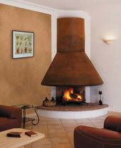 custom contemporary corner fireplace (wood-burning open hearth)  Piros