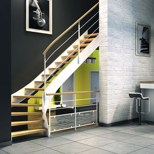 quarter-turn staircase / wooden steps / metal frame / without risers