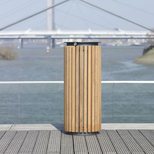 public trash can / wooden / steel / with built-in ashtray