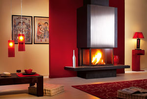 wood fireplace / contemporary / closed hearth / 3-sided