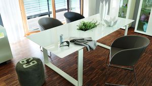 contemporary dining table / lacquered glass / powder-coated steel / stainless steel
