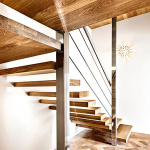 half-turn staircase / wooden steps / overhead / without risers