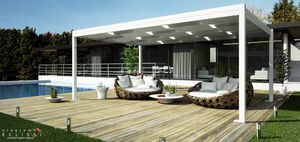 wall-mounted pergola / self-supporting / aluminum / fabric canopy