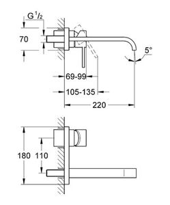 washbasin mixer tap / wall-mounted / chromed metal / bathroom