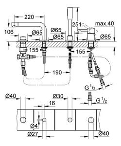 bathtub mixer tap / chromed metal / bathroom / 4-hole