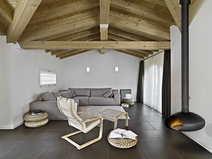 wood fireplace / contemporary / open hearth / hanging