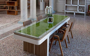 original design table / wooden / glass / cardboard