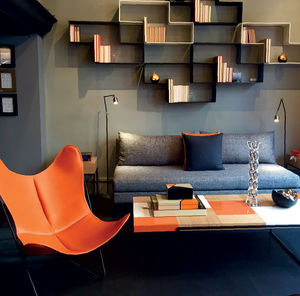 contemporary armchair / leather / cowhide / black