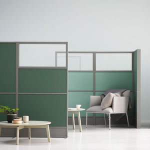 floor-mounted office divider / fabric / laminate / MDF