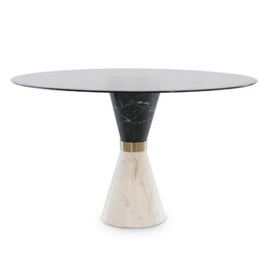 contemporary dining table / polished brass / brushed brass / smoked glass