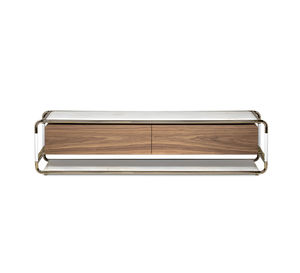 contemporary coffee table / brass / walnut / marble