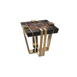 contemporary side table / lacquered wood / polished brass / marble
