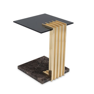 contemporary side table / polished brass / smoked glass / marble