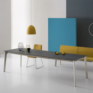 contemporary table / wood veneer / tempered glass / painted steel