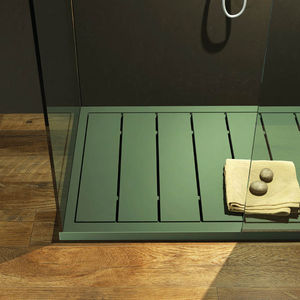rectangular shower base / teak / non-slip / with channel drain