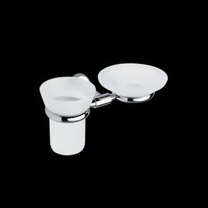 wall-mounted soap dish / metal / glass / with toothbrush holder