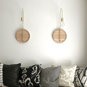 contemporary wall light / oak / brass / round