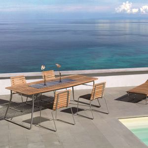 contemporary chair / sled base / teak / steel