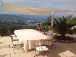 offset patio umbrella / glass fiber-reinforced polyester / PVC-coated