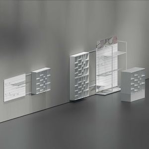 wall-mounted display rack / wooden / glass / panel