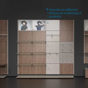 wall-mounted display rack / clothing / wooden / panel