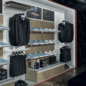 wall-mounted display rack / clothing / wooden / glass