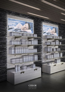 wall-mounted display rack / beauty product / wooden / glass
