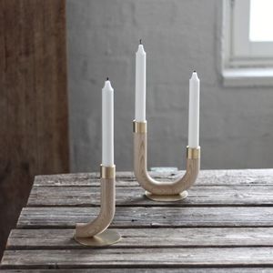 brass candle holder / wooden