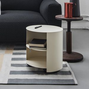 contemporary side table / powder-coated steel / round / with storage compartment