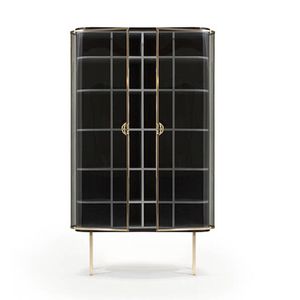 contemporary display case / glass / wooden / brass