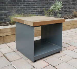 contemporary stool / iroko / powder-coated steel / for public spaces