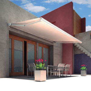 folding-arm awning / motorized / patio / white