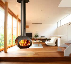 wood-burning fireplace / contemporary / closed hearth / wall-mounted