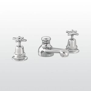 double-handle bathtub mixer tap / deck-mounted / chromed metal / bathroom
