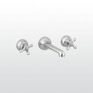 double-handle washbasin mixer tap / wall-mounted / chromed metal / bathroom