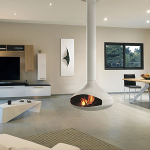 wood-burning fireplace / contemporary / open hearth / central