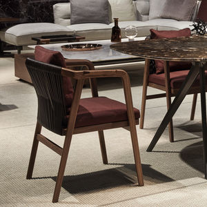 contemporary dining chair / upholstered / with armrests / solid wood