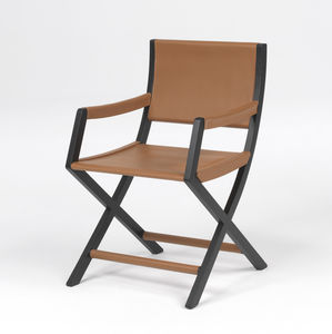 contemporary chair / with armrests / solid wood / leather