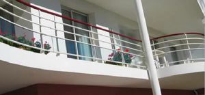 aluminum railing / glass panel / with bars / outdoor