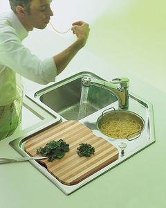2-bowl kitchen sink / stainless steel / corner / with drainboard
