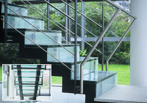 straight staircase / metal frame / glass steps / lateral stringer
