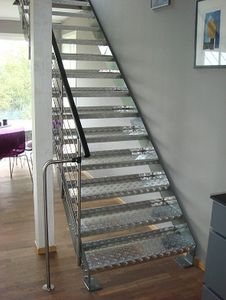 straight staircase / stainless steel frame / metal steps / lateral stringer