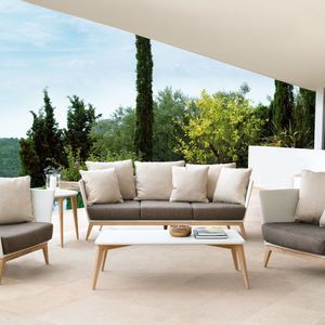 contemporary coffee table / teak / tempered glass / synthetic fiber