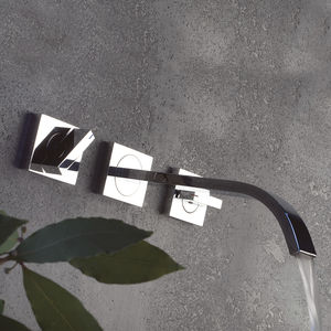double-handle washbasin mixer tap / wall-mounted / chromed metal / bathroom