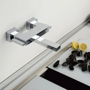 wall-mounted double-handle mixer tap / chromed metal / steel / bathroom