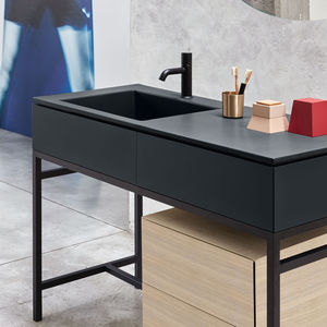 free-standing washbasin cabinet / wooden / ceramic / steel