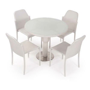contemporary table / glass / resin wicker / round