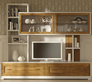 classic TV wall unit / wooden / lacquered wood / glass